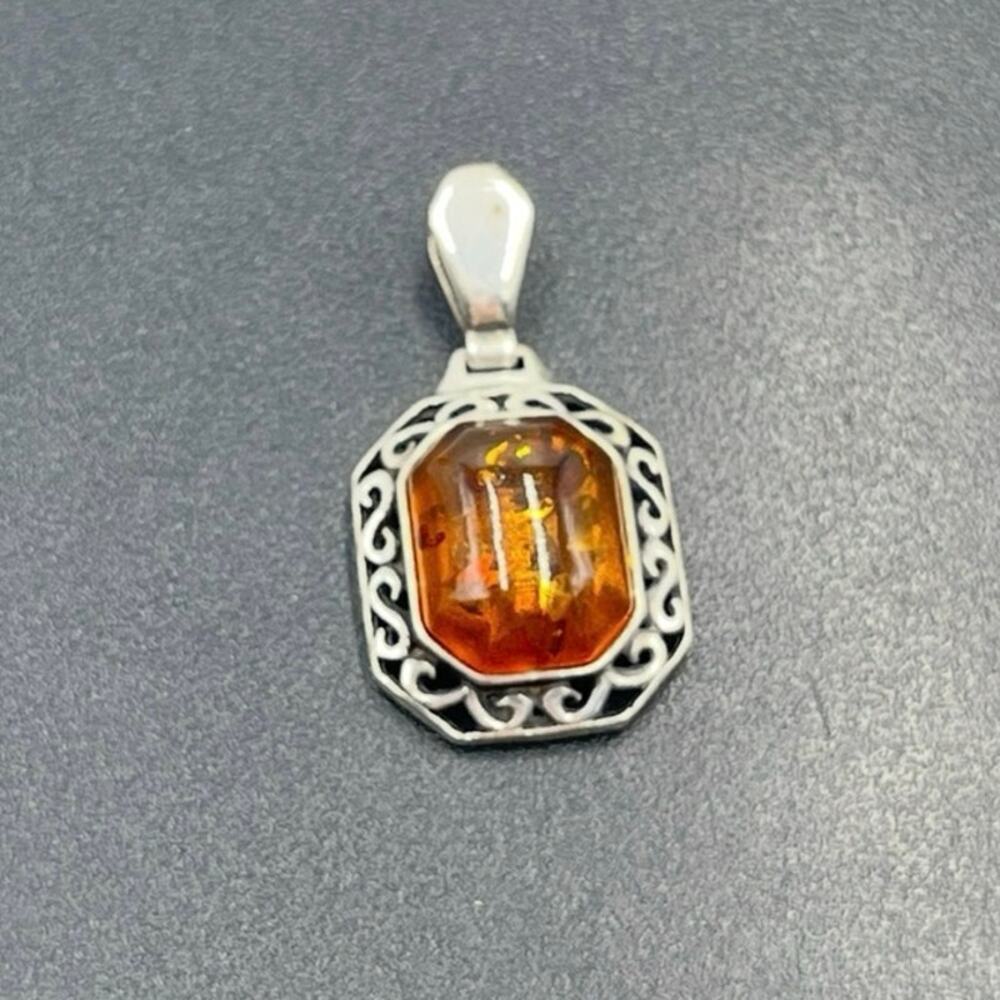 Vintage Solid Sterling Silver Natural Baltic Amber Intricate Scrollwork Pendant
